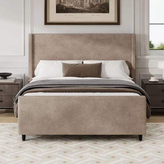 Queen/KIng Size Upholstered Platform Bed Frame with High Wingback Headboard&High Footboard, Corduroy, Cream