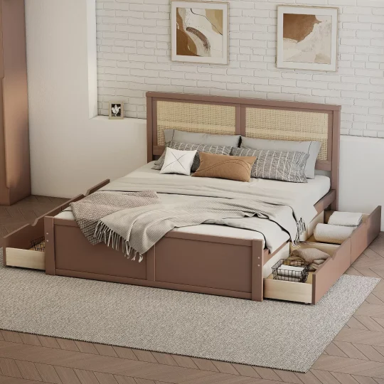 Full Size Wood Storage Platform Bed with 4 Drawers and Rattan Headboard