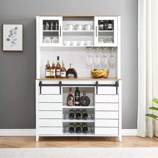 70" Farmhouse Coffee Bar Wine Cabinet with Sliding Barn Doors and Storage, Pantry Cabinet with Wine & Glasses Rack, for Kitchen, Dining Room
