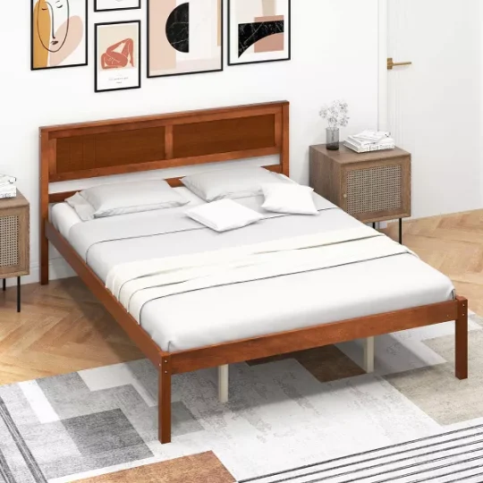 Costway Full/Queen/Twin Size Wooden Platform Bed Frame with Headboard Mattress Foundation Walnut - 图片 2