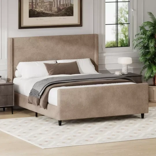 Queen/KIng Size Upholstered Platform Bed Frame with High Wingback Headboard&High Footboard, Corduroy, Cream - 图片 2