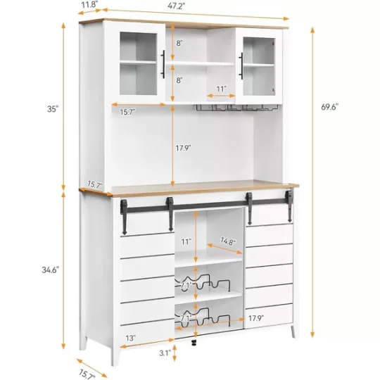 70" Farmhouse Coffee Bar Wine Cabinet with Sliding Barn Doors and Storage, Pantry Cabinet with Wine & Glasses Rack, for Kitchen, Dining Room - 图片 2