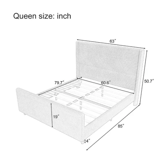 Queen/KIng Size Upholstered Platform Bed Frame with High Wingback Headboard&High Footboard, Corduroy, Cream - 图片 3