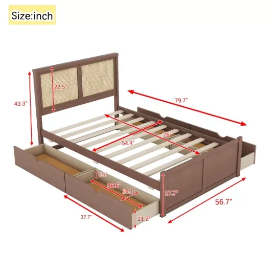 Full Size Wood Storage Platform Bed with 4 Drawers and Rattan Headboard - 图片 3
