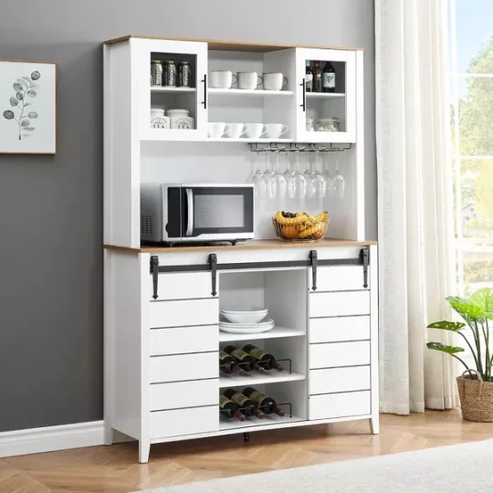 70" Farmhouse Coffee Bar Wine Cabinet with Sliding Barn Doors and Storage, Pantry Cabinet with Wine & Glasses Rack, for Kitchen, Dining Room - 图片 3
