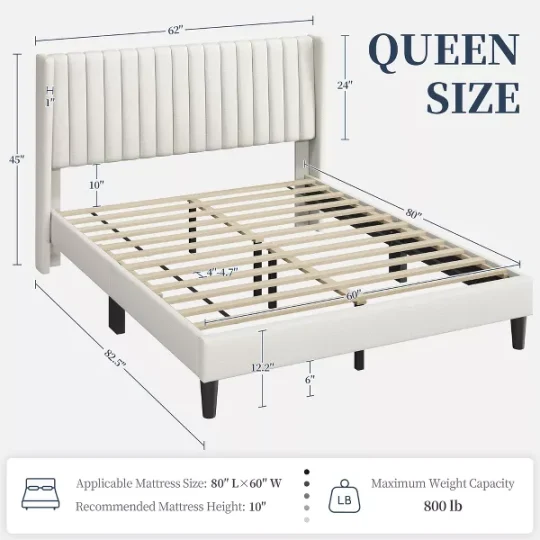 Upholstered Bed Frame with Wing Side - 图片 3