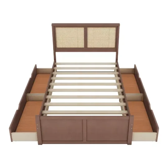 Full Size Wood Storage Platform Bed with 4 Drawers and Rattan Headboard - 图片 4